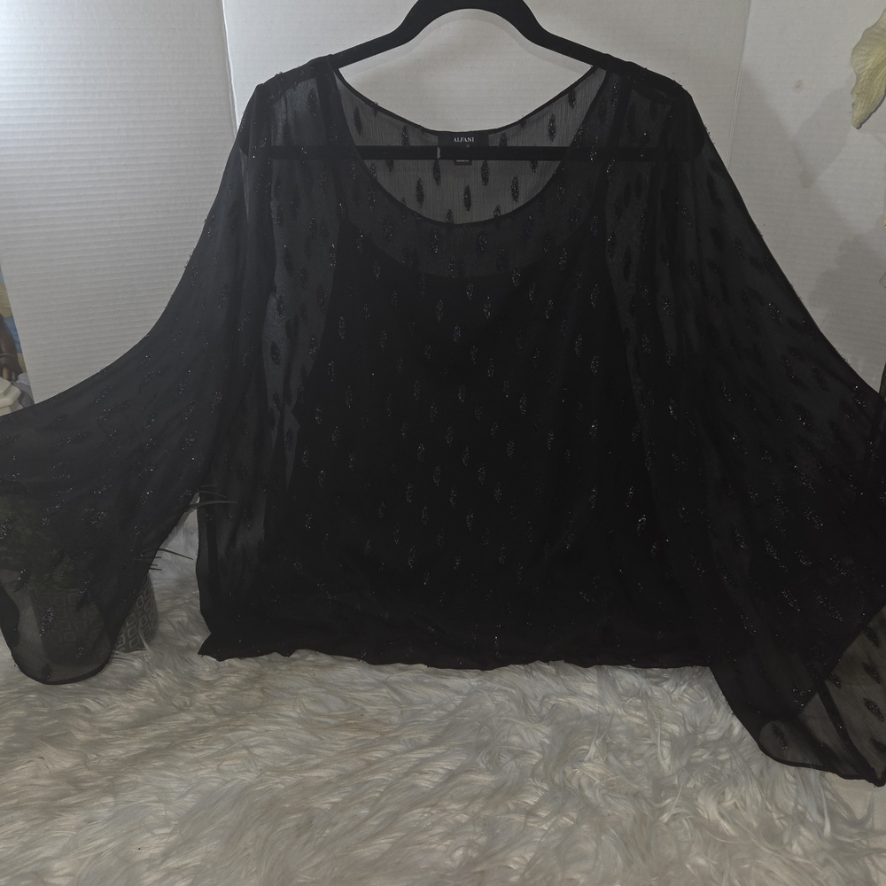 Alfani Black Sheer Sparkle Long-Sleeve Blouse With Tank Top Under, Size XL - Picture 2 of 6